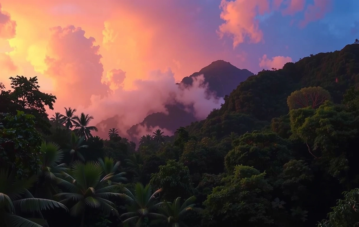 Atmospheric Malaysian jungle at golden hour